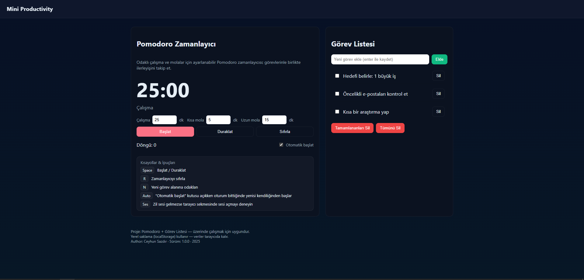 Mini Productivity - Pomodoro + Görev Listesi